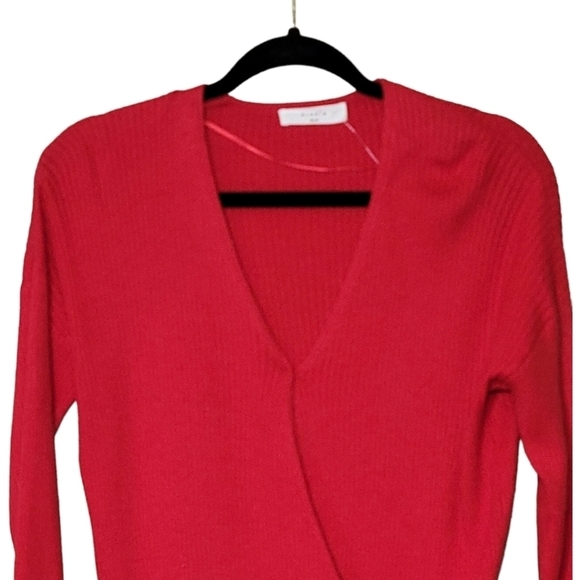 Elodie M Red Ribbed Faux Wrap Sweater V-Neck Long Sleeve Soft Office Knit NWT - Picture 10 of 13